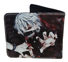 Load image into Gallery viewer, This premium PVC leather wallet is designed with a smooth finish. High-quality DTG design with striking colors directly onto the wallet. Two-part art piece showing two unique sets of anime art on each side of the wallet. Bi-fold closure, with Five card sections, One zip section, photo ID section, and the main section.