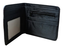 Load image into Gallery viewer, This premium PVC leather wallet is designed with a smooth finish. High-quality DTG design with striking colors directly onto the wallet. Two-part art piece showing two unique sets of anime art on each side of the wallet. Bi-fold closure, with Five card sections, One zip section, photo ID section, and the main section.