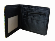 Load image into Gallery viewer, This premium PVC leather wallet is designed with a smooth finish. High-quality DTG design with striking colors directly onto the wallet. Two-part art piece showing two unique sets of anime art on each side of the wallet. Bi-fold closure, with Five card sections, One zip section, photo ID section, and the main section.