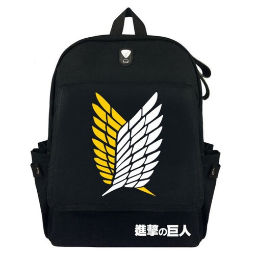 Attack on Titan Scout Logo backpack for anime fans within the UK. Pearl cotton double straps with capacity of 29cm x12cm x 40cm.  This backpack is excellent for school/college with a large main compartment and front zip pocket section.  The main compartment is excellent for books, lunch boxes. Adjustable shoulder-padded comfortable straps, waterproof, and the zip is covered for anti-theft.