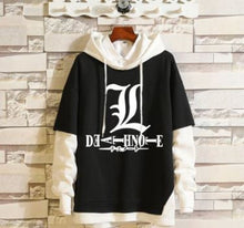 Load image into Gallery viewer, Free UK Royal Mail Tracked 24hr delivery  Excellent design of Death Note &quot;L&quot; Anime hoodie.  Cotton hoodie with a contrast colour (Black / White)  sleeve design. The style of this hoodie makes this hoodie lightweight and comfortable to wear.  The DTG technology prints the design directly onto the hoodie which makes the design really stand out, easy to wash, and the colour of the design will not fade or crack.  Excellent gift for any Death Note fan.
