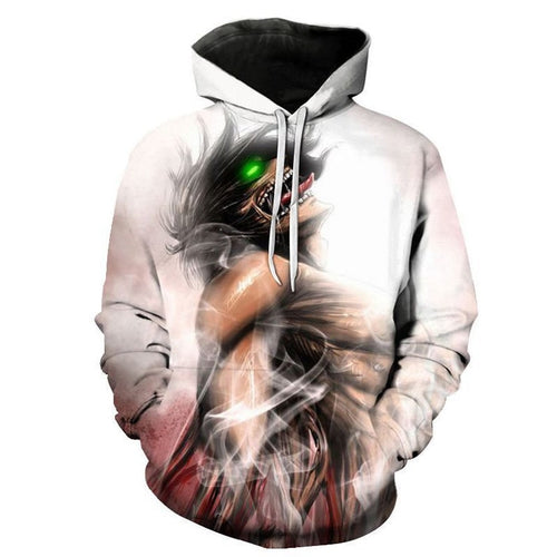 Sharp design of Attack on Titan Eren Yeager anime hoodie. Premium DTG print with striking colours - polyester hoodie. The silken style of this hoodie makes this hoodie lightweight and comfortable to wear. Excellent for Autumn/Winter.  The DTG technology print the design directly onto the hoodie which makes the design really stand out, easy to wash, and the colour of design will not fade or crack. Adjustable drawstring for the hood with a large front pockets.