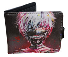 Load image into Gallery viewer, This premium PVC leather wallet is designed with a smooth finish. High-quality DTG design with striking colors directly onto the wallet. Two-part art piece showing two unique sets of anime art on each side of the wallet. Bi-fold closure, with Five card sections, One zip section, photo ID section, and the main section.
