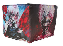 Load image into Gallery viewer, This premium PVC leather wallet is designed with a smooth finish. High-quality DTG design with striking colors directly onto the wallet. Two-part art piece showing two unique sets of anime art on each side of the wallet. Bi-fold closure, with Five card sections, One zip section, photo ID section, and the main section.
