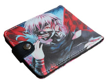 Load image into Gallery viewer, This premium PVC leather wallet is designed with a smooth finish. High-quality DTG design with striking colors directly onto the wallet. Two-part art piece showing two unique sets of anime art on each side of the wallet. Bi-fold closure, with Five card sections, One zip section, photo ID section, and the main section.