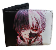 Load image into Gallery viewer, This premium PVC leather wallet is designed with a smooth finish. High-quality DTG design with striking colors directly onto the wallet. Two-part art piece showing two unique sets of anime art on each side of the wallet. Bi-fold closure, with Five card sections, One zip section, photo ID section, and the main section.