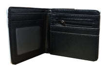 Load image into Gallery viewer, This premium PVC leather wallet is designed with a smooth finish. High-quality DTG design with striking colors directly onto the wallet. Two-part art piece showing two unique sets of anime art on each side of the wallet. Bi-fold closure, with Five card sections, One zip section, photo ID section, and the main section.