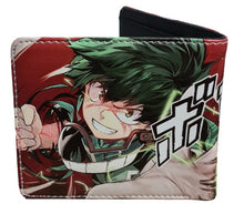 Load image into Gallery viewer, This premium PVC leather wallet is designed with a smooth finish. High-quality DTG design with striking colors directly onto the wallet. Two-part art piece showing two unique sets of anime art on each side of the wallet. Bi-fold closure, with Five card sections, One zip section, photo ID section, and the main section.