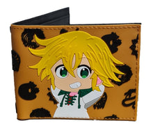 Load image into Gallery viewer, This premium PVC rubber wallet is designed with a smooth finish. High-quality DTG design with striking colors directly onto the wallet. Two-part art piece showing two unique sets of anime art on each side of the wallet. Bi-fold closure, with Five card sections, One zip section, photo ID section, and the main section. Excellent gift for any Seven Deadly Sins fan.