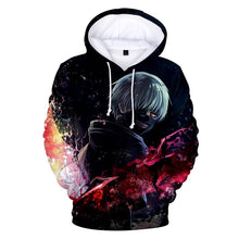 Load image into Gallery viewer, Sharp design of Tokyo Ghoul anime hoodie. Premium DTG print with striking colours - polyester hoodie. The silken style of this hoodie makes this hoodie lightweight and comfortable to wear. Excellent for Autumn/Winter. The DTG technology print the design directly onto the hoodie which makes the design really stand out, easy to wash, and the colour of Ken Kaneki will not fade or crack. Adjustable drawstring for the hood with huge front pockets.