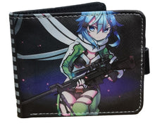 Load image into Gallery viewer, This premium PVC leather wallet is designed with a smooth finish. High-quality DTG design with striking colors directly onto the wallet. Two-part art piece showing two unique sets of anime art on each side of the wallet. Bi-fold closure, with Five card sections, One zip section, photo ID section, and the main section. Excellent gift for any Sword Art Online fan.