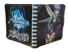 Load image into Gallery viewer, This premium PVC leather wallet is designed with a smooth finish. High-quality DTG design with striking colors directly onto the wallet. Two-part art piece showing two unique sets of anime art on each side of the wallet. Bi-fold closure, with Five card sections, One zip section, photo ID section, and the main section. Excellent gift for any Sword Art Online fan.