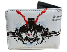 Load image into Gallery viewer, This premium PVC leather wallet is designed with a smooth finish. High-quality DTG design with striking colours directly onto the wallet. Two-part art piece showing two unique sets of anime art on each side of the wallet. Bi-fold closure, with Five card sections, One zip section, photo ID section, and the main section.