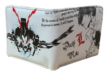 Load image into Gallery viewer, This premium PVC leather wallet is designed with a smooth finish. High-quality DTG design with striking colours directly onto the wallet. Two-part art piece showing two unique sets of anime art on each side of the wallet. Bi-fold closure, with Five card sections, One zip section, photo ID section, and the main section.