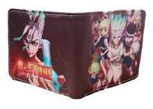 Load image into Gallery viewer, This premium PVC leather wallet is designed with a smooth finish. High-quality DTG design with striking colours directly onto the wallet. Two-part art piece showing two unique sets of anime art on each side of the wallet. Bi-fold closure, with Five card sections, One zip section, photo ID section, and the main section.