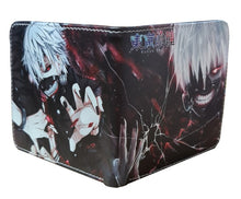Load image into Gallery viewer, This premium PVC leather wallet is designed with a smooth finish. High-quality DTG design with striking colors directly onto the wallet. Two-part art piece showing two unique sets of anime art on each side of the wallet. Bi-fold closure, with Five card sections, One zip section, photo ID section, and the main section.