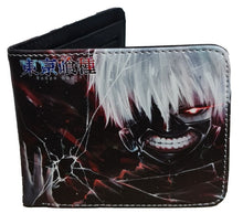 Load image into Gallery viewer, This premium PVC leather wallet is designed with a smooth finish. High-quality DTG design with striking colors directly onto the wallet. Two-part art piece showing two unique sets of anime art on each side of the wallet. Bi-fold closure, with Five card sections, One zip section, photo ID section, and the main section.