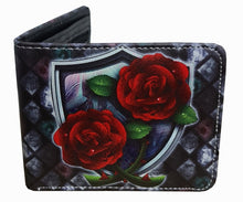 Load image into Gallery viewer, This premium PVC leather wallet is designed with a smooth finish. High-quality DTG design with striking colors directly onto the wallet. Two-part art piece showing two unique sets of anime art on each side of the wallet. Bi-fold closure, with Five card sections, One zip section, photo ID section, and the main section.