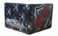 Load image into Gallery viewer, This premium PVC leather wallet is designed with a smooth finish. High-quality DTG design with striking colors directly onto the wallet. Two-part art piece showing two unique sets of anime art on each side of the wallet. Bi-fold closure, with Five card sections, One zip section, photo ID section, and the main section.