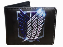 Load image into Gallery viewer, This premium PVC leather wallet is designed with a smooth finish. High-quality DTG design with striking colors directly onto the wallet. Two-part art piece showing two unique sets of anime art on each side of the wallet. Bi-fold closure, with Five card sections, One zip section, photo ID section, and the main section. Excellent gift for any Attack on Titan fan.