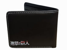 Load image into Gallery viewer, This premium PVC leather wallet is designed with a smooth finish. High-quality DTG design with striking colors directly onto the wallet. Two-part art piece showing two unique sets of anime art on each side of the wallet. Bi-fold closure, with Five card sections, One zip section, photo ID section, and the main section. Excellent gift for any Attack on Titan fan.