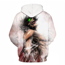 Load image into Gallery viewer, Sharp design of Attack on Titan Eren Yeager anime hoodie. Premium DTG print with striking colours - polyester hoodie. The silken style of this hoodie makes this hoodie lightweight and comfortable to wear. Excellent for Autumn/Winter.  The DTG technology print the design directly onto the hoodie which makes the design really stand out, easy to wash, and the colour of design will not fade or crack. Adjustable drawstring for the hood with a large front pockets.
