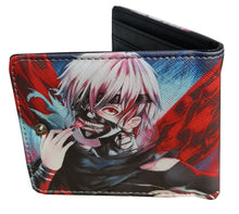 Load image into Gallery viewer, This premium PVC leather wallet is designed with a smooth finish. High-quality DTG design with striking colors directly onto the wallet. Two-part art piece showing two unique sets of anime art on each side of the wallet. Bi-fold closure, with Five card sections, One zip section, photo ID section, and the main section.