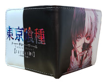 Load image into Gallery viewer, This premium PVC leather wallet is designed with a smooth finish. High-quality DTG design with striking colors directly onto the wallet. Two-part art piece showing two unique sets of anime art on each side of the wallet. Bi-fold closure, with Five card sections, One zip section, photo ID section, and the main section.