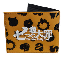 Load image into Gallery viewer, This premium PVC rubber wallet is designed with a smooth finish. High-quality DTG design with striking colors directly onto the wallet. Two-part art piece showing two unique sets of anime art on each side of the wallet. Bi-fold closure, with Five card sections, One zip section, photo ID section, and the main section. Excellent gift for any Seven Deadly Sins fan.