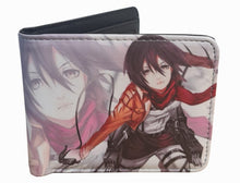 Load image into Gallery viewer, This premium PVC leather wallet is designed with a smooth finish. High-quality DTG design with striking colors directly onto the wallet. Two-part art piece showing two unique sets of anime art on each side of the wallet. Bi-fold closure, with Five card sections, One zip section, photo ID section, and the main section.