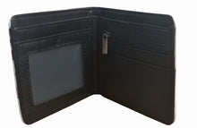 Load image into Gallery viewer, This premium PVC leather wallet is designed with a smooth finish. High-quality DTG design with striking colors directly onto the wallet. Two-part art piece showing two unique sets of anime art on each side of the wallet. Bi-fold closure, with Five card sections, One zip section, photo ID section, and the main section.