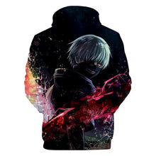 Load image into Gallery viewer, Sharp design of Tokyo Ghoul anime hoodie. Premium DTG print with striking colours - polyester hoodie. The silken style of this hoodie makes this hoodie lightweight and comfortable to wear. Excellent for Autumn/Winter. The DTG technology print the design directly onto the hoodie which makes the design really stand out, easy to wash, and the colour of Ken Kaneki will not fade or crack. Adjustable drawstring for the hood with huge front pockets.