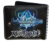 Load image into Gallery viewer, This premium PVC leather wallet is designed with a smooth finish. High-quality DTG design with striking colors directly onto the wallet. Two-part art piece showing two unique sets of anime art on each side of the wallet. Bi-fold closure, with Five card sections, One zip section, photo ID section, and the main section. Excellent gift for any Sword Art Online fan.