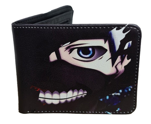 This premium PVC leather wallet is designed with a smooth finish. High-quality DTG design with striking colors directly onto the wallet. Two-part art piece showing two unique sets of anime art on each side of the wallet.  Bi-fold closure, with Five card sections, One zip section, photo ID section, and the main section.  Excellent gift for any Tokyo ghoul fan.