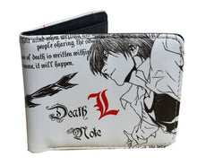 Load image into Gallery viewer, This premium PVC leather wallet is designed with a smooth finish. High-quality DTG design with striking colours directly onto the wallet. Two-part art piece showing two unique sets of anime art on each side of the wallet. Bi-fold closure, with Five card sections, One zip section, photo ID section, and the main section.