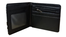 Load image into Gallery viewer, This premium PVC leather wallet is designed with a smooth finish. High-quality DTG design with striking colours directly onto the wallet. Two-part art piece showing two unique sets of anime art on each side of the wallet. Bi-fold closure, with Five card sections, One zip section, photo ID section, and the main section.