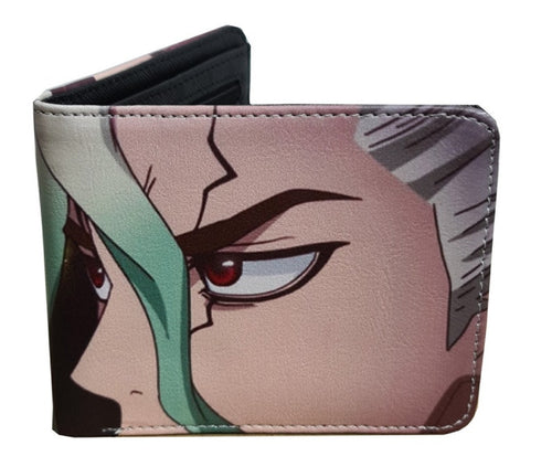 This premium PVC leather wallet is designed with a smooth finish. High-quality DTG design with striking colours directly onto the wallet. Two-part art piece showing two unique sets of anime art on each side of the wallet.  Bi-fold closure, with Five card sections, One zip section, photo ID section, and the main section.