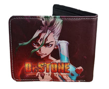 Load image into Gallery viewer, This premium PVC leather wallet is designed with a smooth finish. High-quality DTG design with striking colours directly onto the wallet. Two-part art piece showing two unique sets of anime art on each side of the wallet. Bi-fold closure, with Five card sections, One zip section, photo ID section, and the main section.