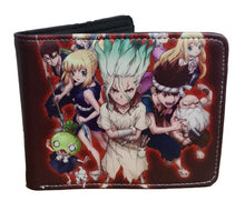 Load image into Gallery viewer, This premium PVC leather wallet is designed with a smooth finish. High-quality DTG design with striking colours directly onto the wallet. Two-part art piece showing two unique sets of anime art on each side of the wallet. Bi-fold closure, with Five card sections, One zip section, photo ID section, and the main section.