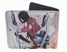 Load image into Gallery viewer, This premium PVC leather wallet is designed with a smooth finish. High-quality DTG design with striking colors directly onto the wallet. Two-part art piece showing two unique sets of anime art on each side of the wallet. Bi-fold closure, with Five card sections, One zip section, photo ID section, and the main section.