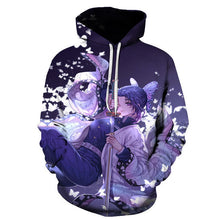 Load image into Gallery viewer, Sharp design of Demon Slayer anime hoodie. Premium DTG print with striking colours - polyester hoodie. The silken style of this hoodie makes this hoodie lightweight and comfortable to wear.  The DTG technology print the design directly onto the hoodie which makes the design really stand out, easy to wash, and the colour of design will not fade or crack. Adjustable drawstring for the hood with a large front pockets.
