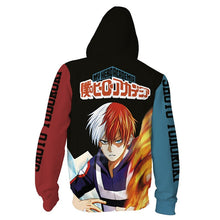 Load image into Gallery viewer, Sharp design of My Hero Academia Anime zipper of Shoto Todoroki. Premium DTG print with striking colours - polyester zipper. The silken style of this zipper makes this zipper lightweight and comfortable to wear.  The DTG technology print the design directly onto the zipper which makes the design really stand out, easy to wash, and the colour of design will not fade or crack. Adjustable drawstring for the hood with two front pockets.
