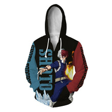 Load image into Gallery viewer, Sharp design of My Hero Academia Anime zipper of Shoto Todoroki. Premium DTG print with striking colours - polyester zipper. The silken style of this zipper makes this zipper lightweight and comfortable to wear.  The DTG technology print the design directly onto the zipper which makes the design really stand out, easy to wash, and the colour of design will not fade or crack. Adjustable drawstring for the hood with two front pockets.

