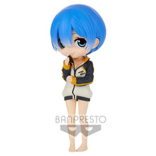 Load image into Gallery viewer, Free UK Royal Mail Tracked 24hr delivery   Super cute Q POSKET (Type A) figure/statue of Rem from the popular anime series Re:Zero Starting Life in Another World.   The figure is sculpted in striking colours, showing Rem posing in her super cool zipper.   The statue stands at 14cm tall, comes with a display base, and is packaged in an official premium gift box from Bandai. 
