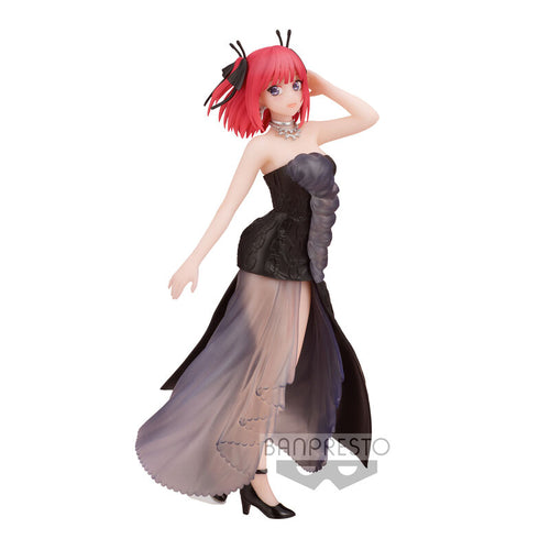 Free Royal Mail Tracked 24hr delivery   Beautiful statue of Nino Nakano from the popular anime The Quintessential Quintuplets. This figure is launched by Banpresto as part of the latest Kyunties series.   The figure is sculpted stunningly, showing Miku posing elegantly in her black dress, and wearing her black heels.   Excellent gift for any Quintuplets fan.   This PVC figure stands at 18cm tall, and packaged in a gift/collectible box from Bandai. 