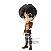 Load image into Gallery viewer, FREE UK Royal Mail Tracked 24hr service    Super cute Q POSKET (Type A) figure/statue of Eren Yeager. This figure is adapted from the popular anime series - "Attack on Titan"  - launched by Banpresto.   The figure is sculpted meticulously, showing Levi posing in his Scout uniform and cape.   The PVC statue stands at 14cm tall, comes with a display base, and is packaged in an official premium gift box from Bandai.