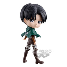 Load image into Gallery viewer, Super cute Q POSKET (Type A) figure/statue of Levi Ackerman. This figure is adapted from the popular anime series - "Attack on Titan" - launched by Banpresto. The figure is sculpted meticulously, showing Levi posing in his Scout uniform and cape. The PVC statue stands at 14cm tall, comes with a display base, and is packaged in an official premium gift box from Bandai.