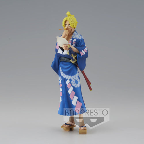 Stunning figure created in high-quality, showing Sanji wearing his blue Kimono, with his Katanas equipped on his side, and holding a 