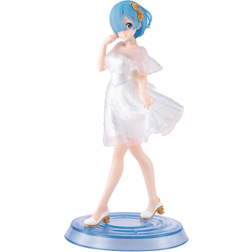 Free UK Royal Mail Tracked 24hr delivery.  Beautiful figure of Rem, from the amazing anime series Re:Zero Starting Lift in Another World. This figure is launched by Banpresto as part of their latest Serenus Couture series.   The statue is absolutely stunning, showing Rem posing in a white dress, with a golden floral hair clip.   The PVC figure stands at 20cm tall and packaged in a gift/collectible box from Bandai. 