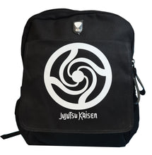 Load image into Gallery viewer, Jujutsu Kaisen backpack. Premium lightweight backpack with a capacity of 30cm x12cm x 39cm. The large main compartment is excellent for books, tablets and lunch boxes etc. Additional front pocket and side pockets. Adjustable pearl cotton shoulder-padded double straps. Waterproof premium oxford fabric. High-quality DTG print with striking colours.